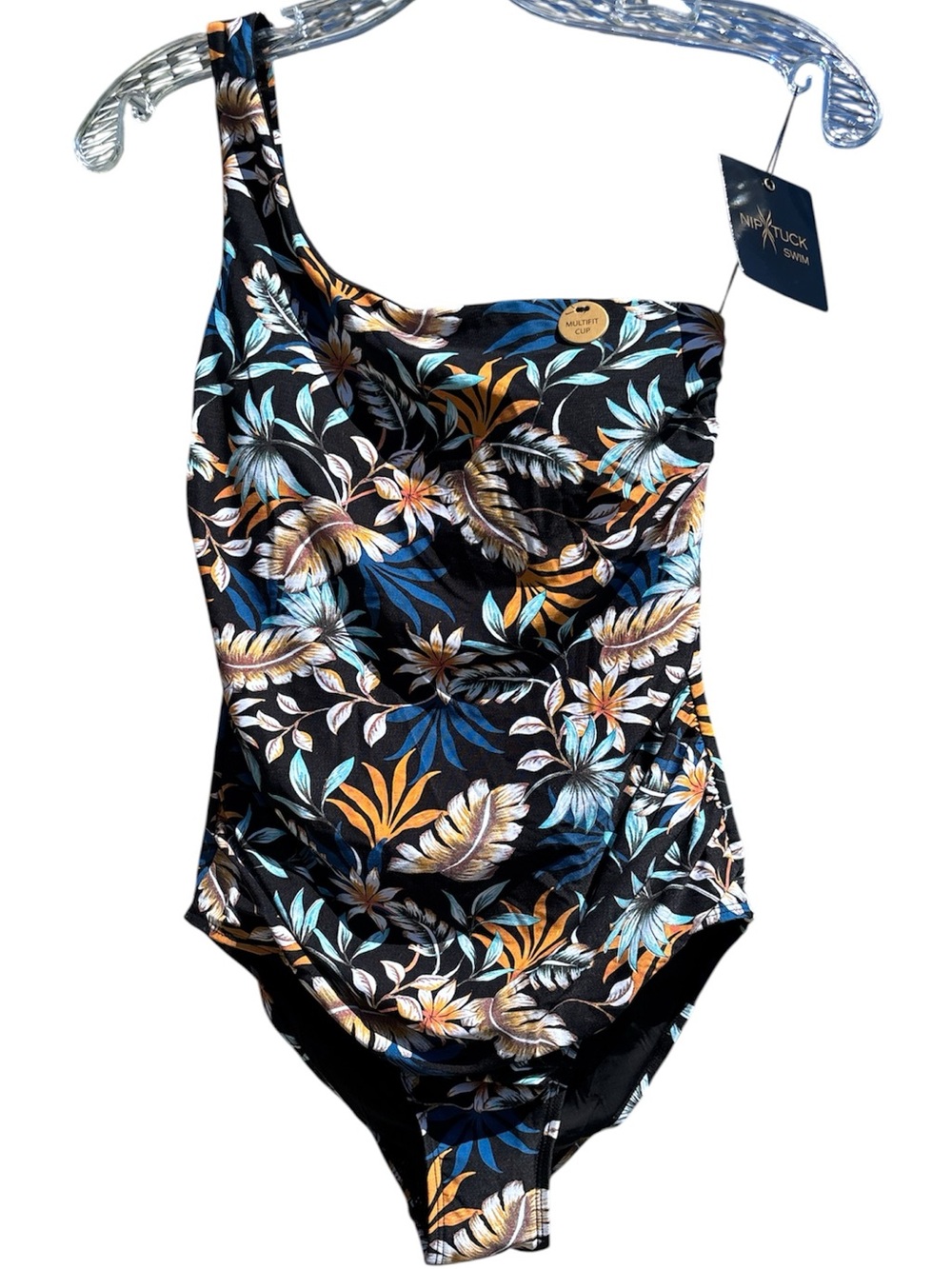 NIP TUCK One-Shoulder Tropical Floral Swimsuit - Black, Blue & Gold Size 6 NWT